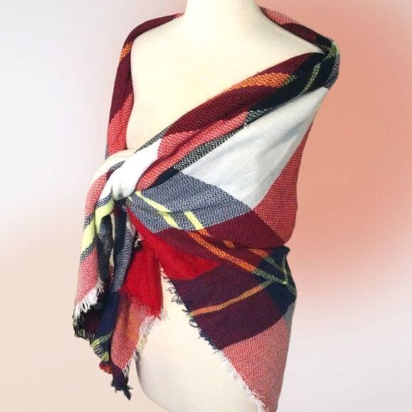 Large Square Plaid Fringed‎ Blanket Scarf Wrap - Picture 4 of 7
